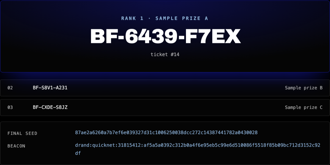 The draw console showing the first-place ticket code in large type, the runner-up ranks beneath it, and the final seed and beacon value.