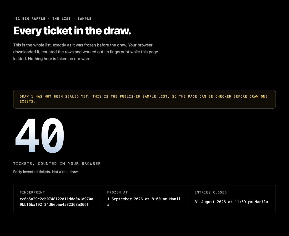 The published ticket list page: a large ticket count, the list fingerprint, the time it was frozen and the time entries closed.